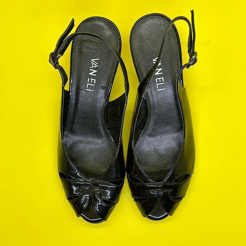 Vaneli black patent leather wedge heels